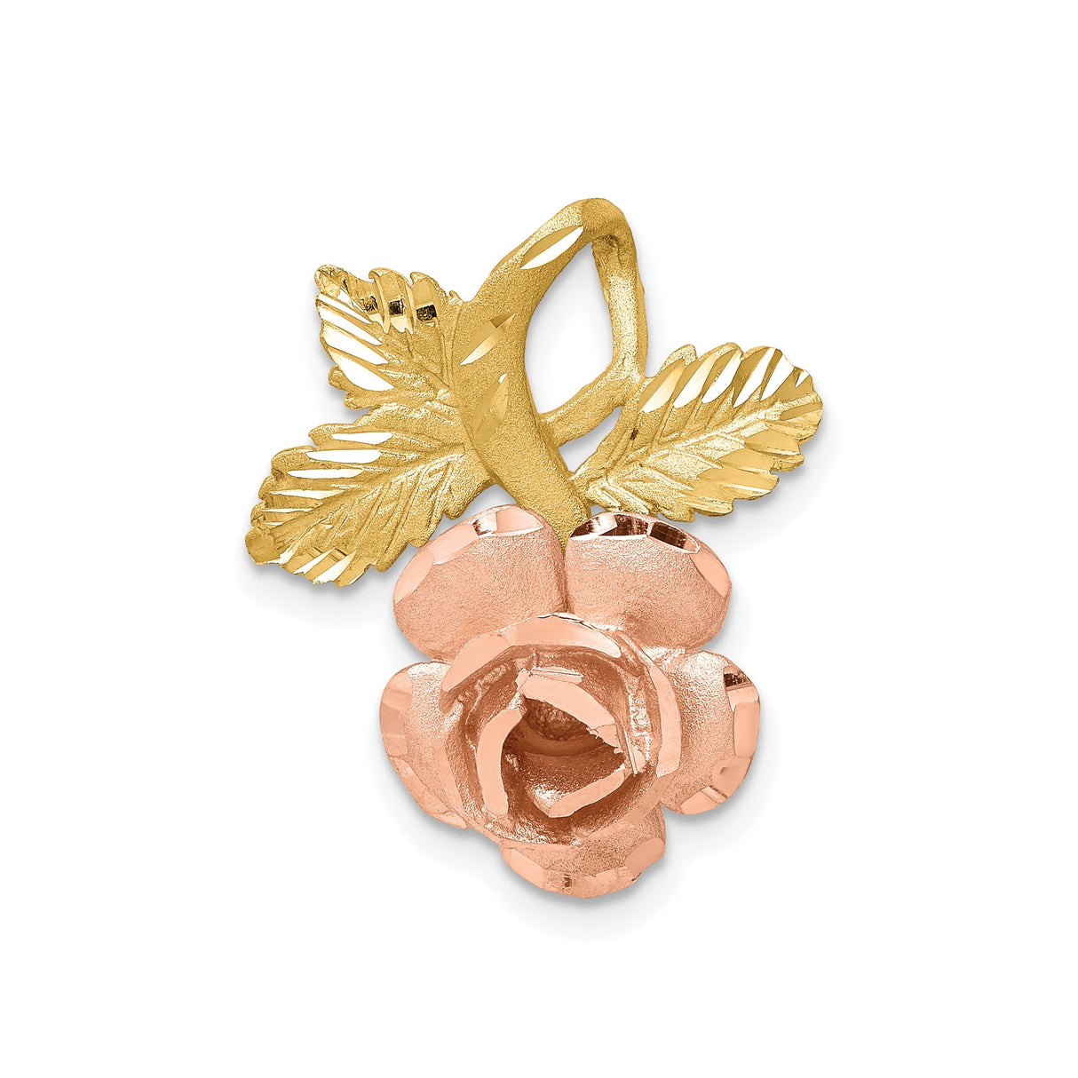 14k Two-Tone Gold Rose Flower Pendant with Textured Leaves and Detailed Floral Design