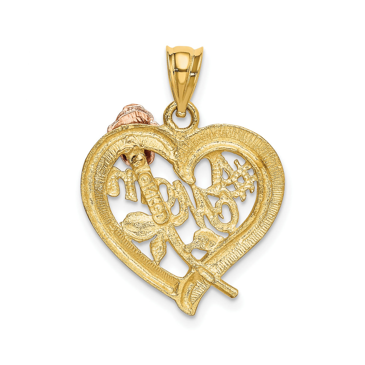 14k Two-Tone Gold Heart Pendant with #1 Mom Message, Rose and Leaf Design for Women