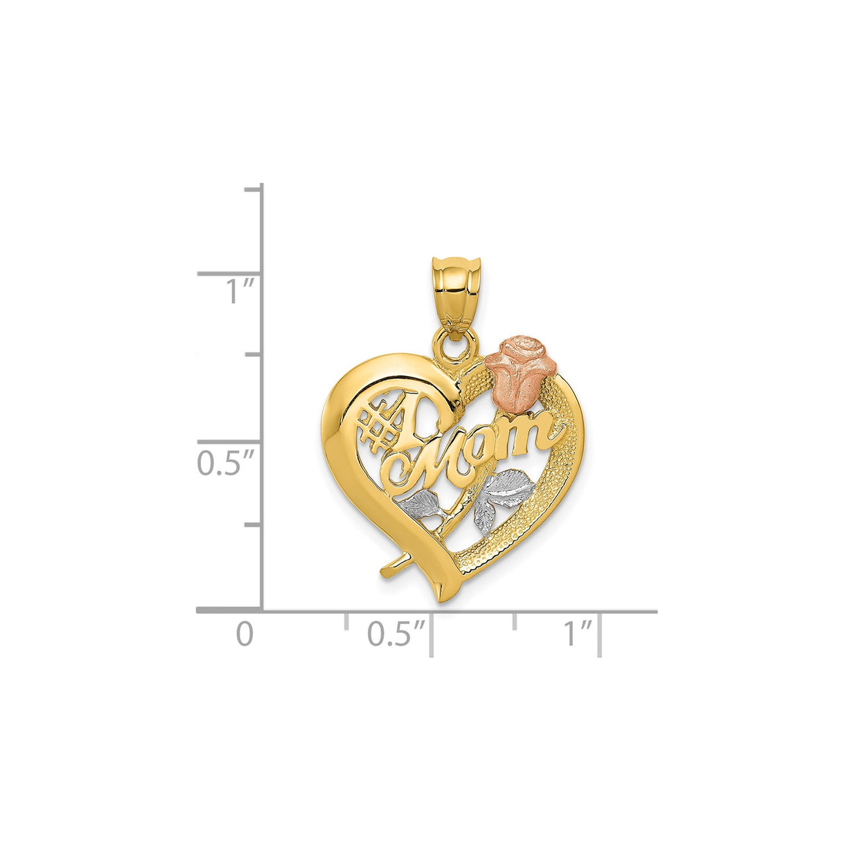 14k Two-Tone Gold Heart Pendant with #1 Mom Message, Rose and Leaf Design for Women