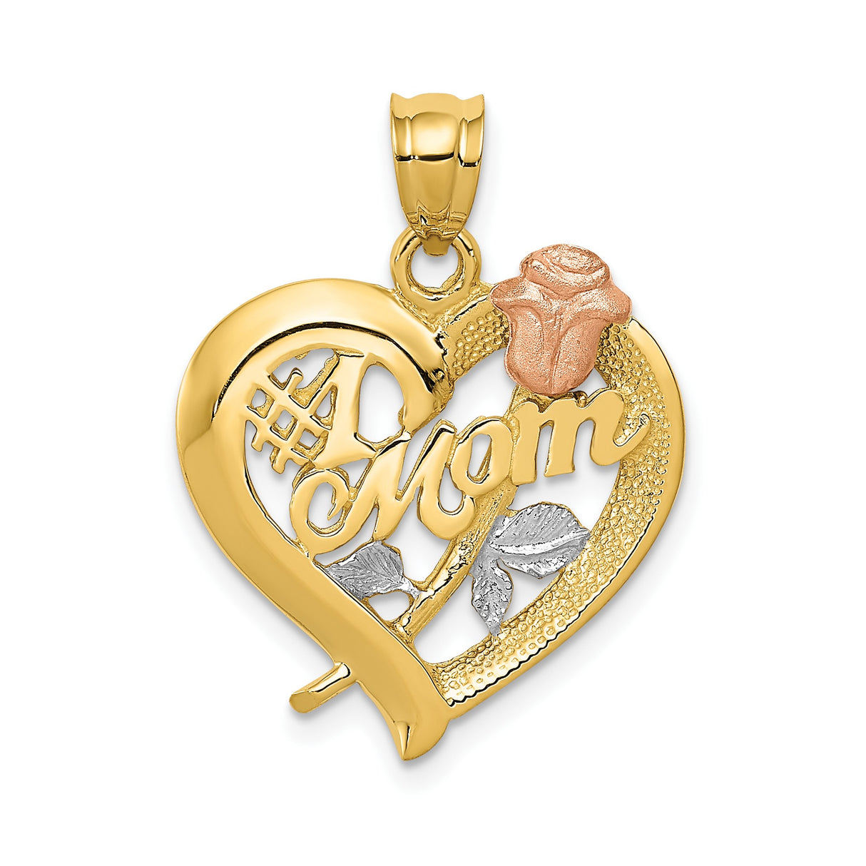 14k Two-Tone Gold Heart Pendant with #1 Mom Message, Rose and Leaf Design for Women