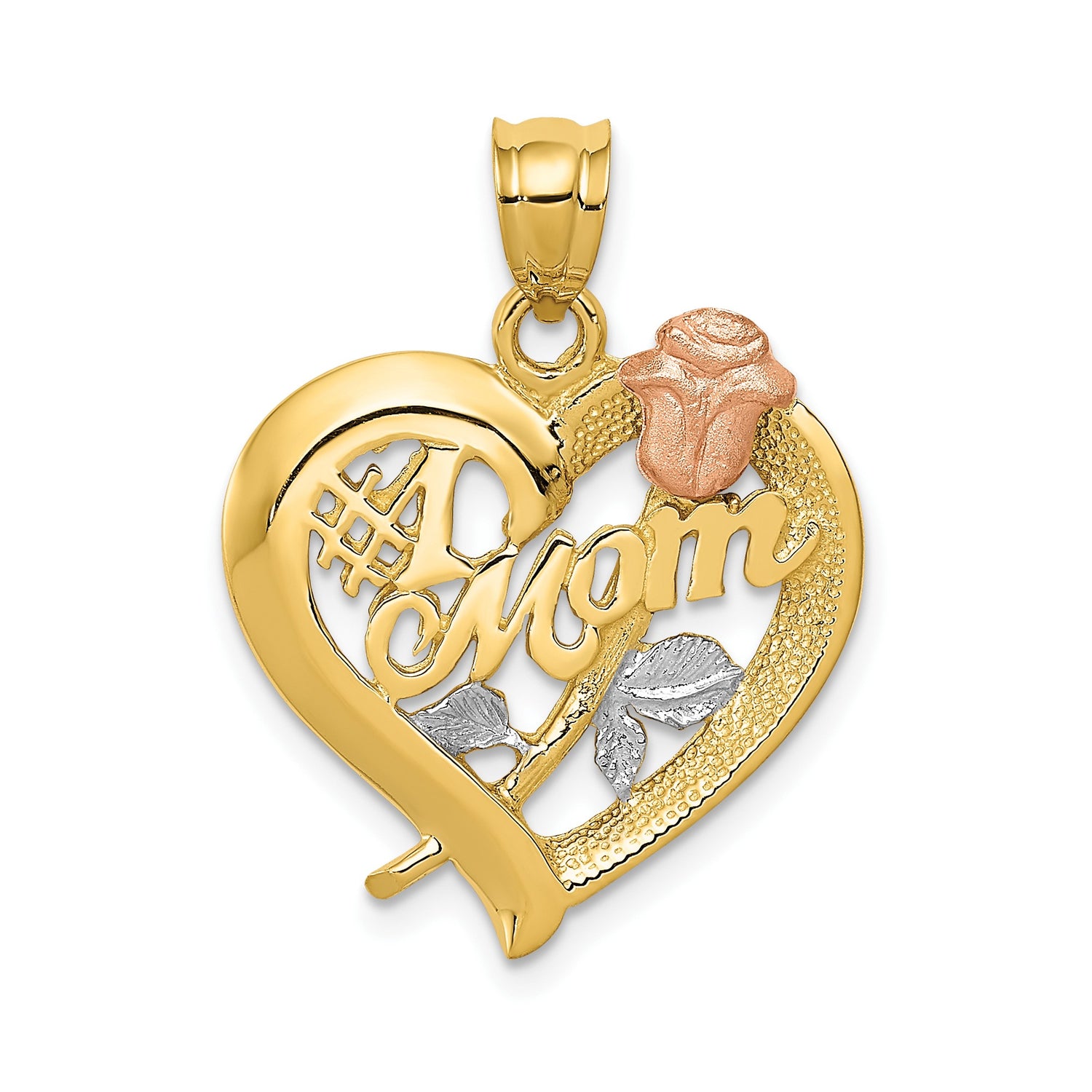 14k Two-Tone Gold Heart Pendant with #1 Mom Message, Rose and Leaf Design for Women