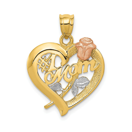 14k Two-Tone Gold Heart Pendant with #1 Mom Message, Rose and Leaf Design for Women