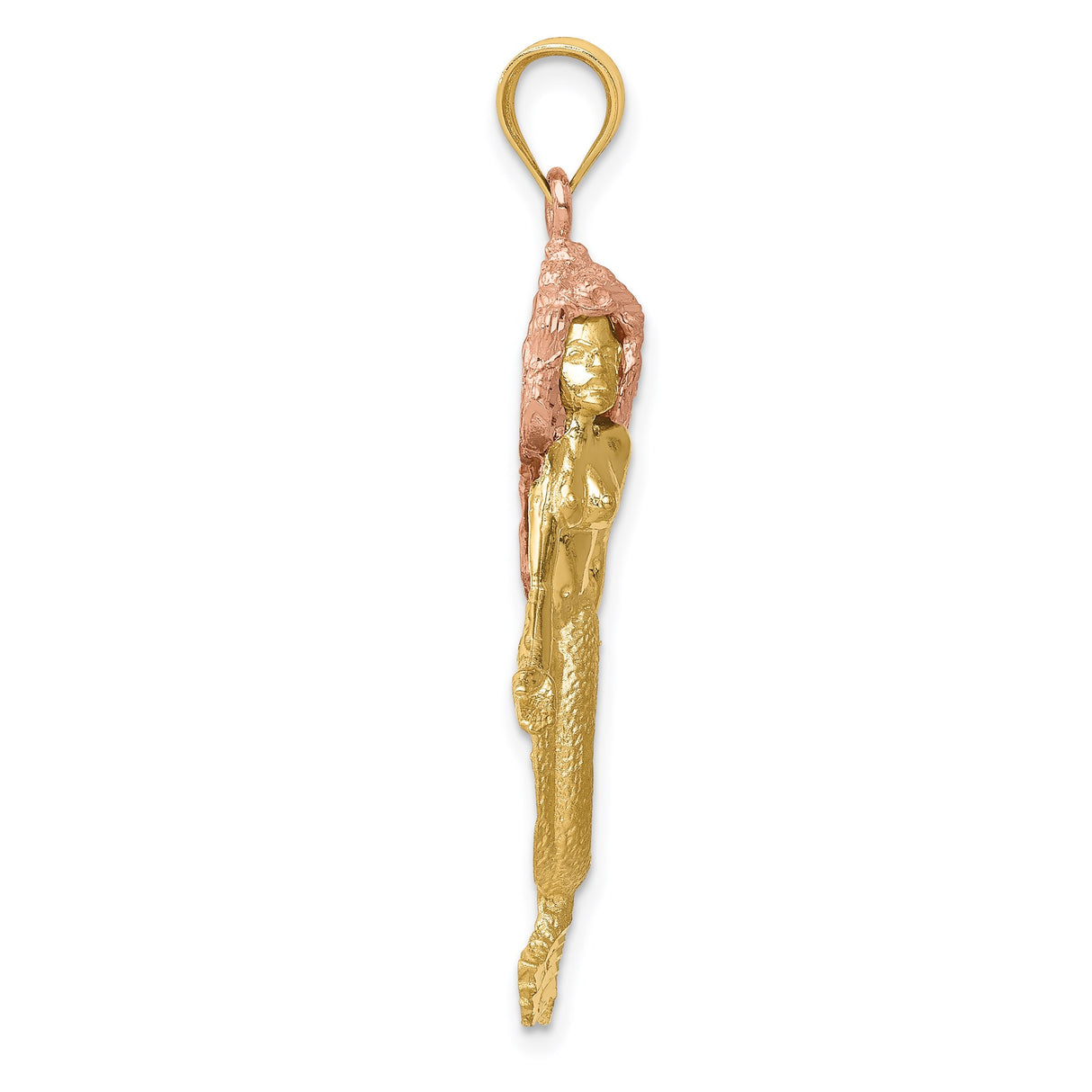 14k Two-Tone Gold Mermaid Pendant with Yellow Gold Body and Rose Gold Hair, Ocean Fantasy Design