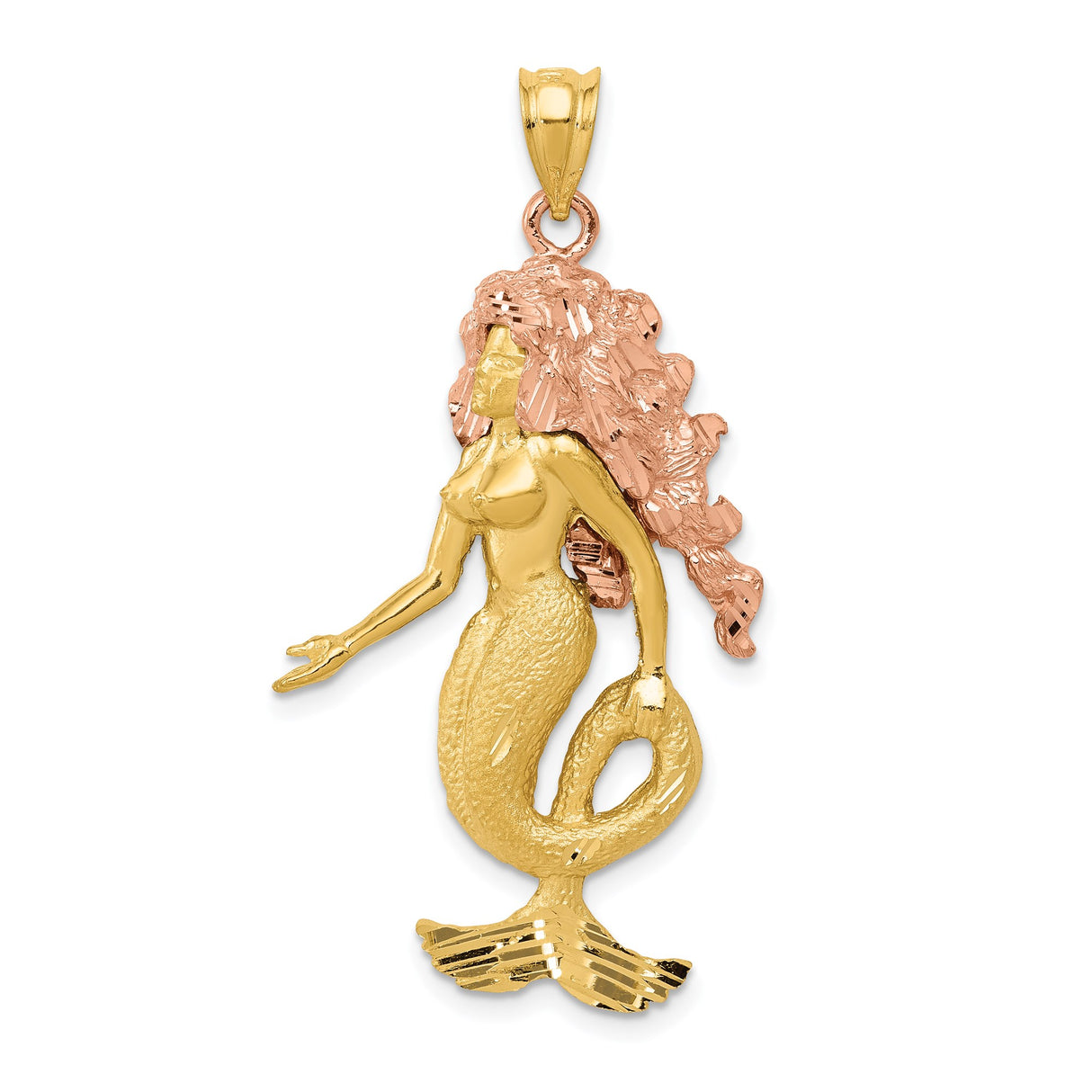 14k Two-Tone Gold Mermaid Pendant with Yellow Gold Body and Rose Gold Hair, Ocean Fantasy Design