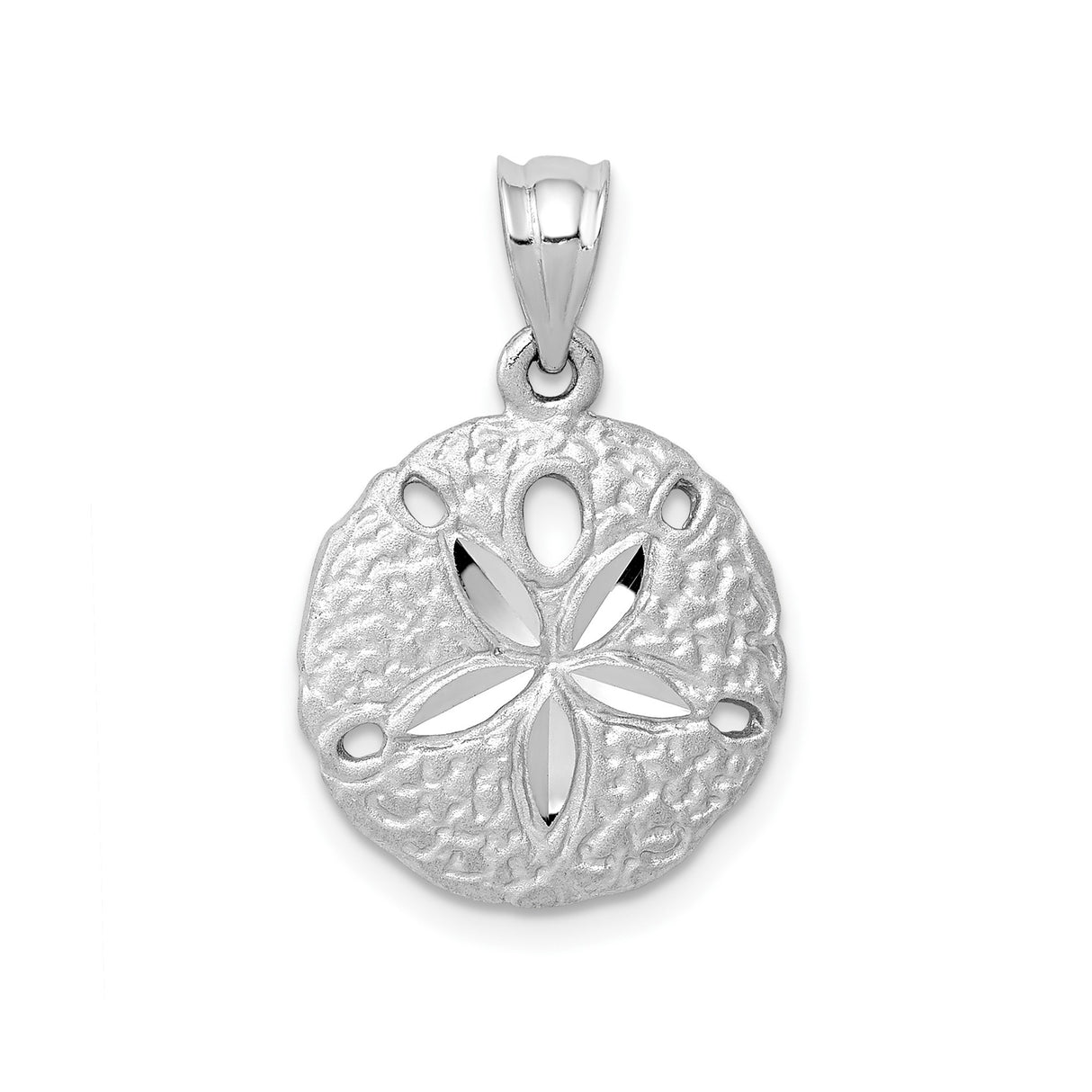 14k White Gold Sand Dollar Pendant with Textured Cutout Design, Ocean-Inspired Jewelry