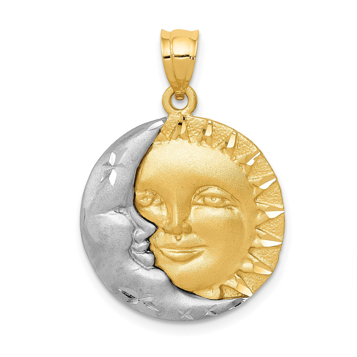 14k Yellow and White Gold Sun and Moon Face Pendant, Two-Tone Celestial Charm, Yin Yang Design