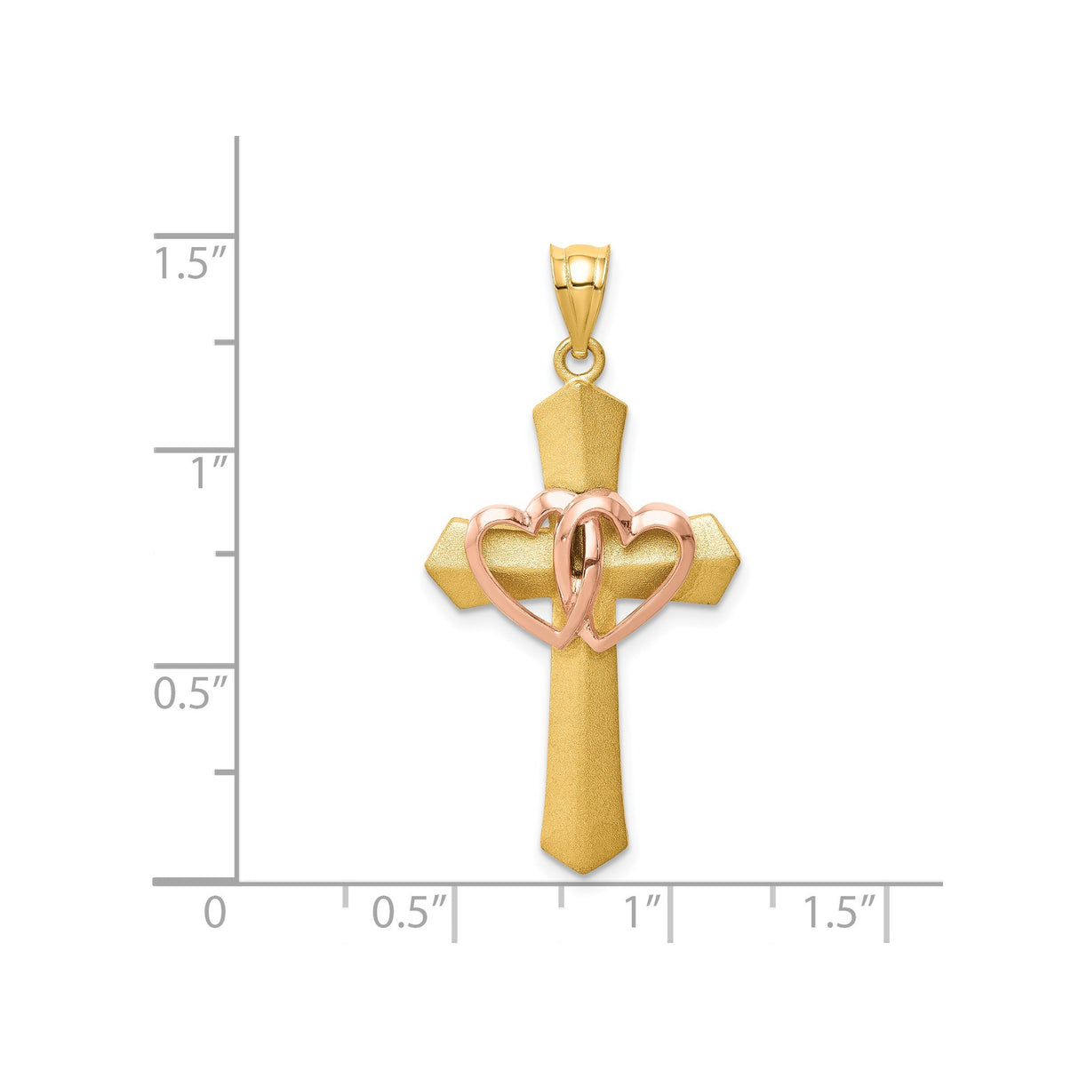 14k Multi-Tone Gold Cross Pendant with Rose Gold Hearts and Matte Finish