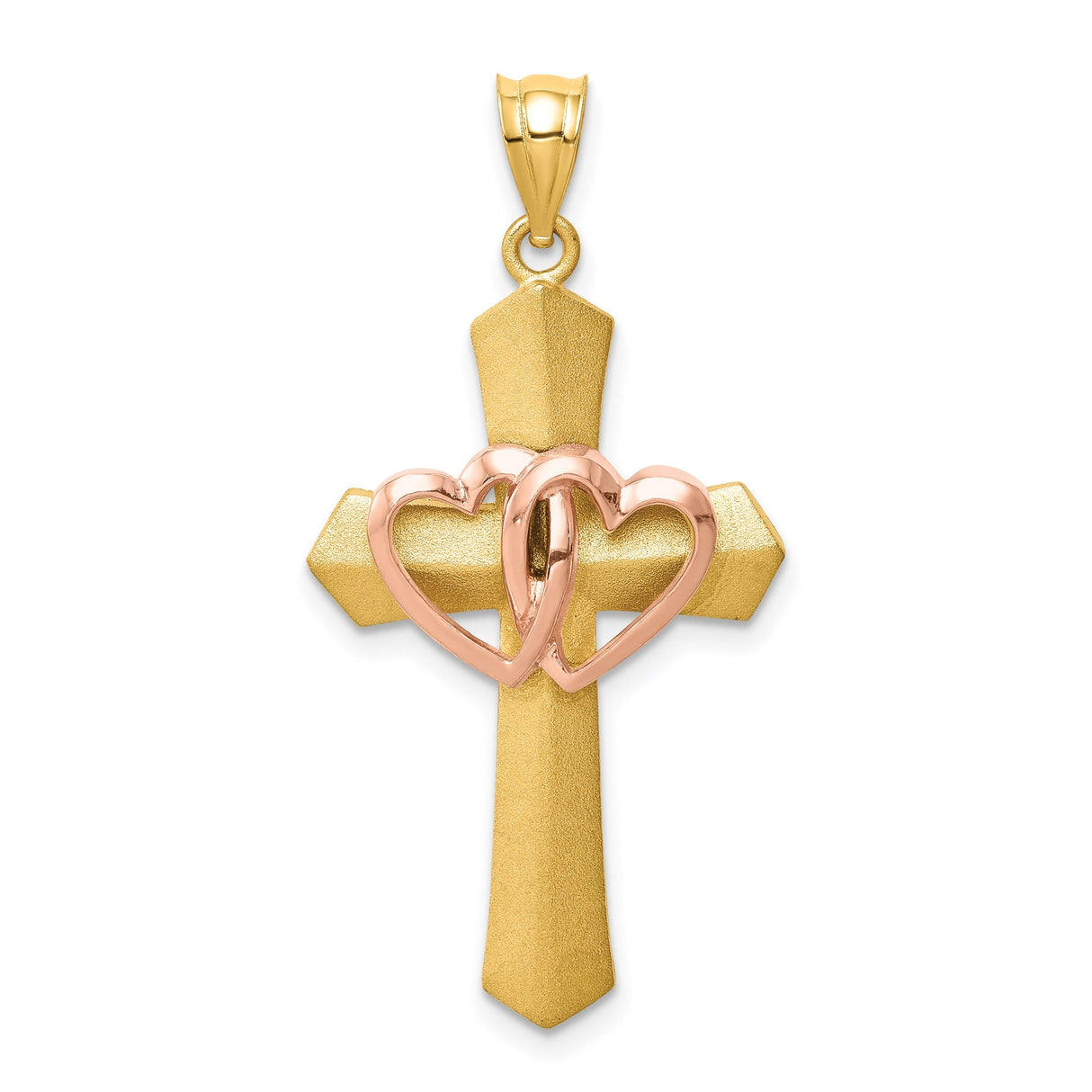 14k Multi-Tone Gold Cross Pendant with Rose Gold Hearts and Matte Finish