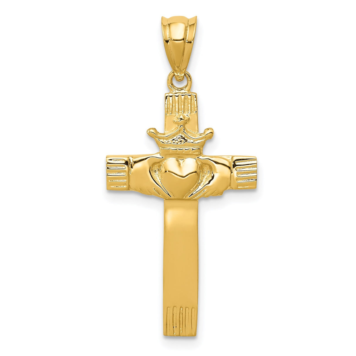 14k Yellow Gold Claddagh Cross Pendant with Latin Cross Design, Religious Symbol for Men and Women