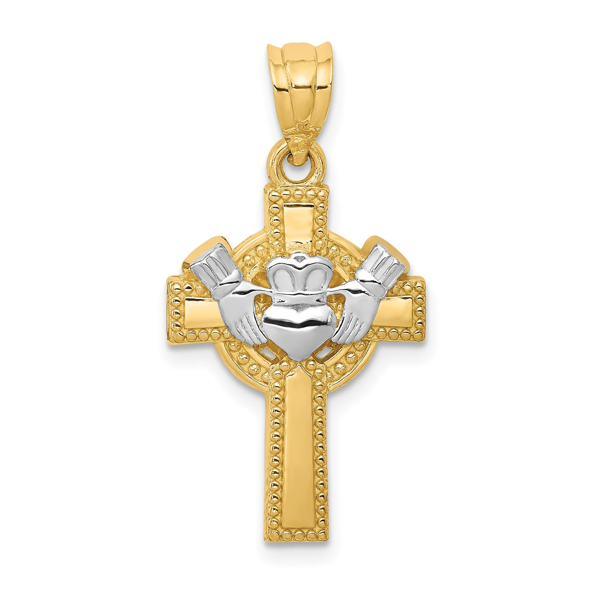 14k Two-Tone Gold Celtic Cross Pendant with Claddagh Symbol