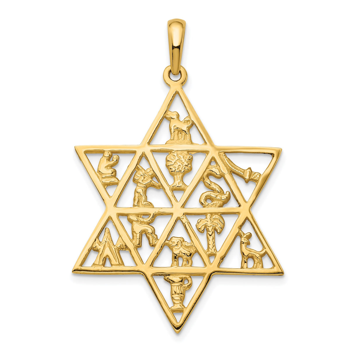 14k Yellow Gold Star of David Pendant with Twelve Tribes Symbols, Jewish Faith Charm