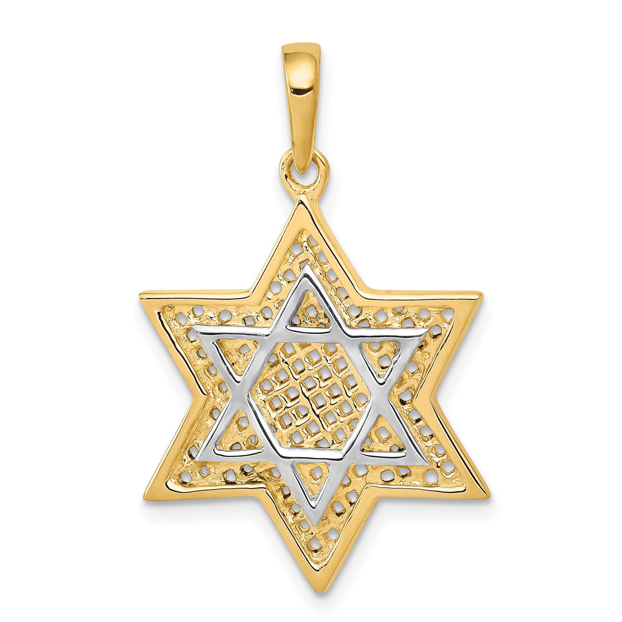 14k Yellow and Rhodium Gold Star of David Pendant with Lattice Design