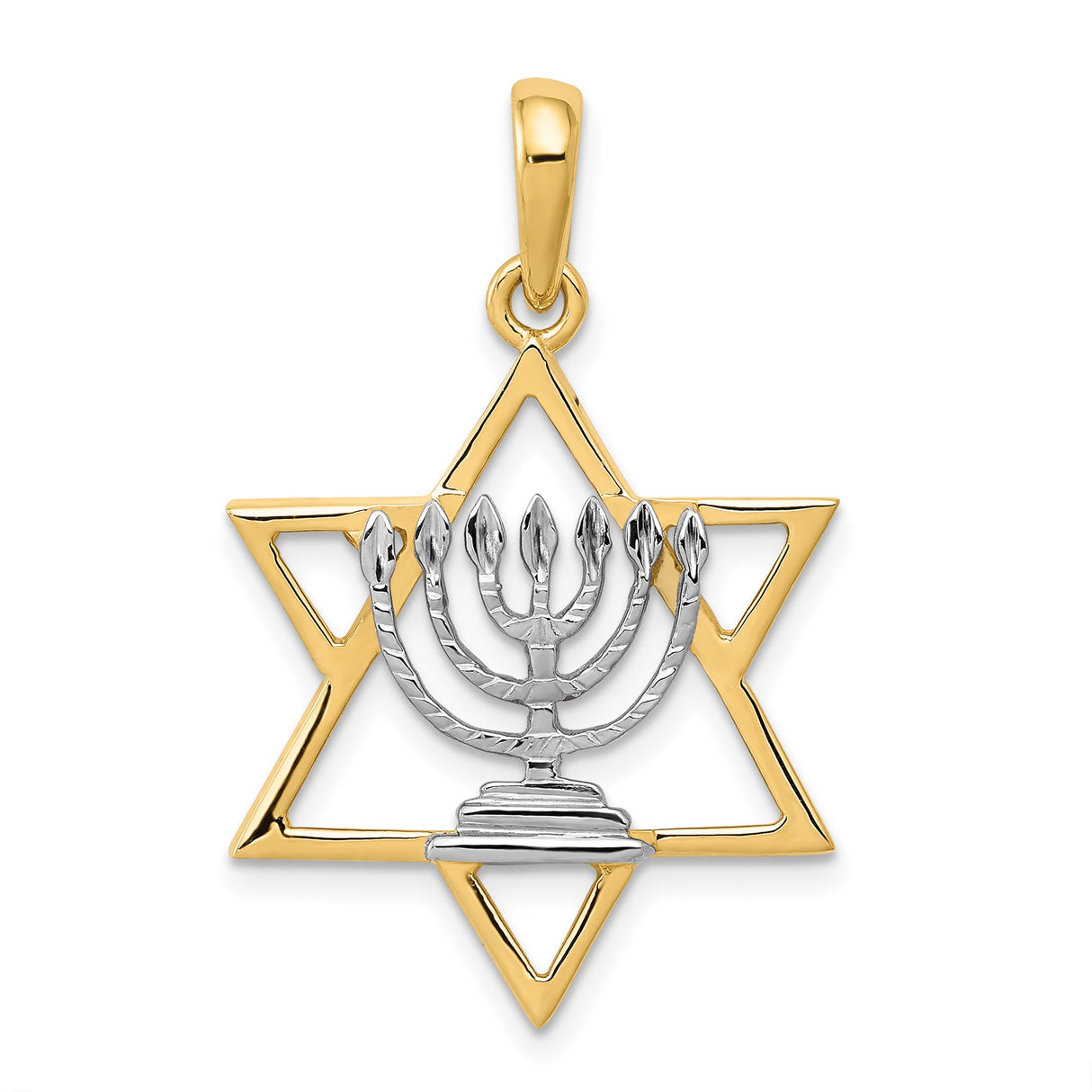14k Multi-Tone Gold Star of David Pendant with Menorah Design, Unisex Religious Charm