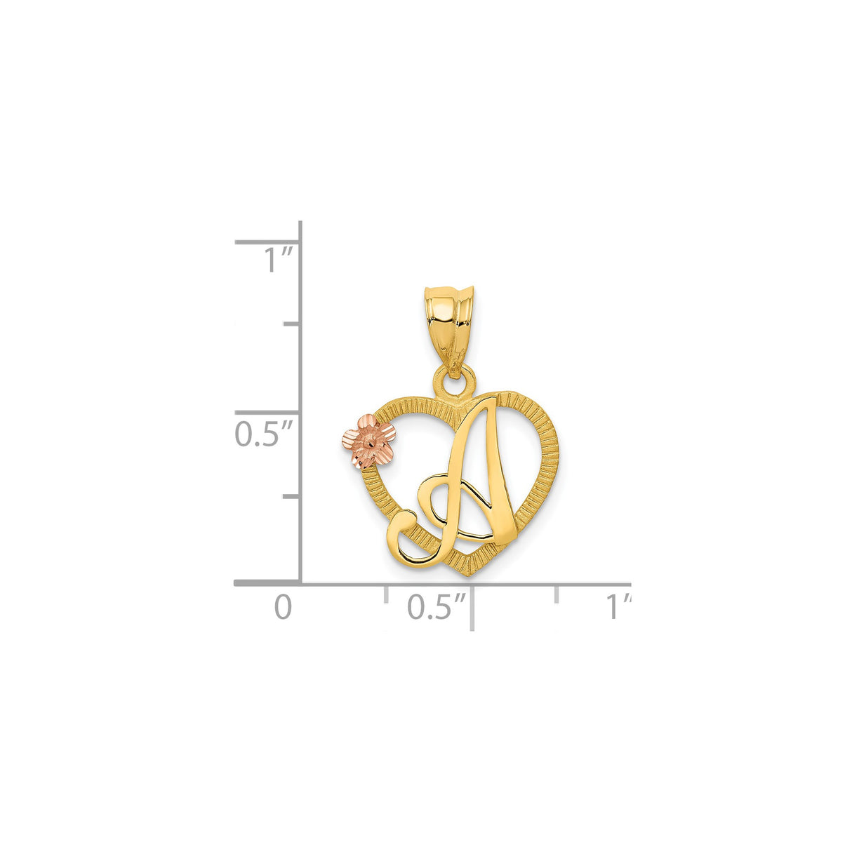 14k Two Tone Gold Heart Pendant with Script Letter A and Rose Accent