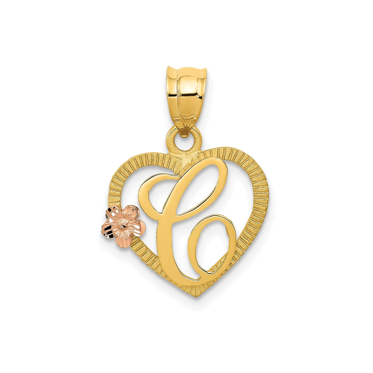 14k Multi-Tone Gold Heart Pendant with Rose Gold Flower Accent and Script Letter C Charm