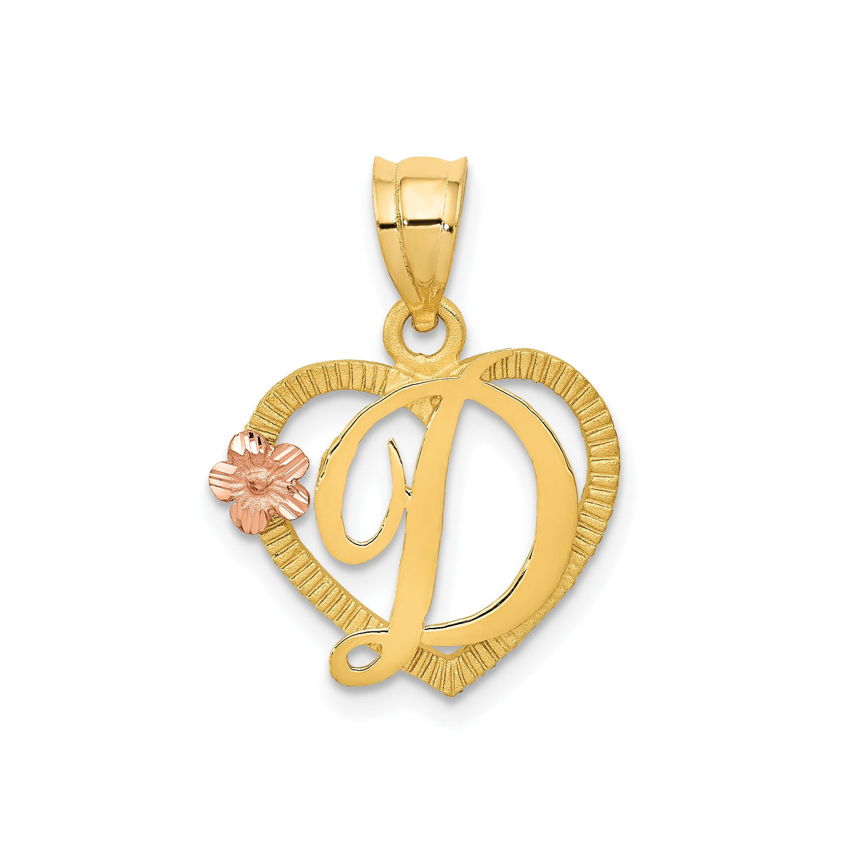 14k Two-Tone Gold Heart Pendant with Script Letter D and Rose Gold Flower Accent