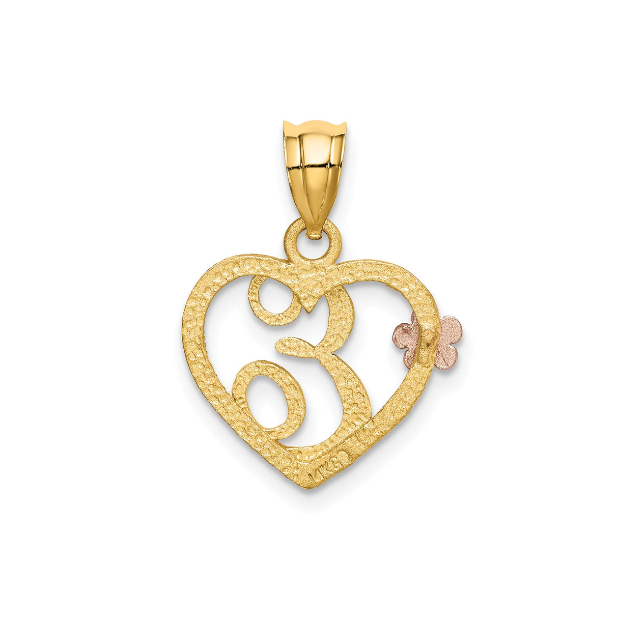 14k Two-Tone Gold Heart Pendant with Script Letter E and Rose Gold Flower Accent