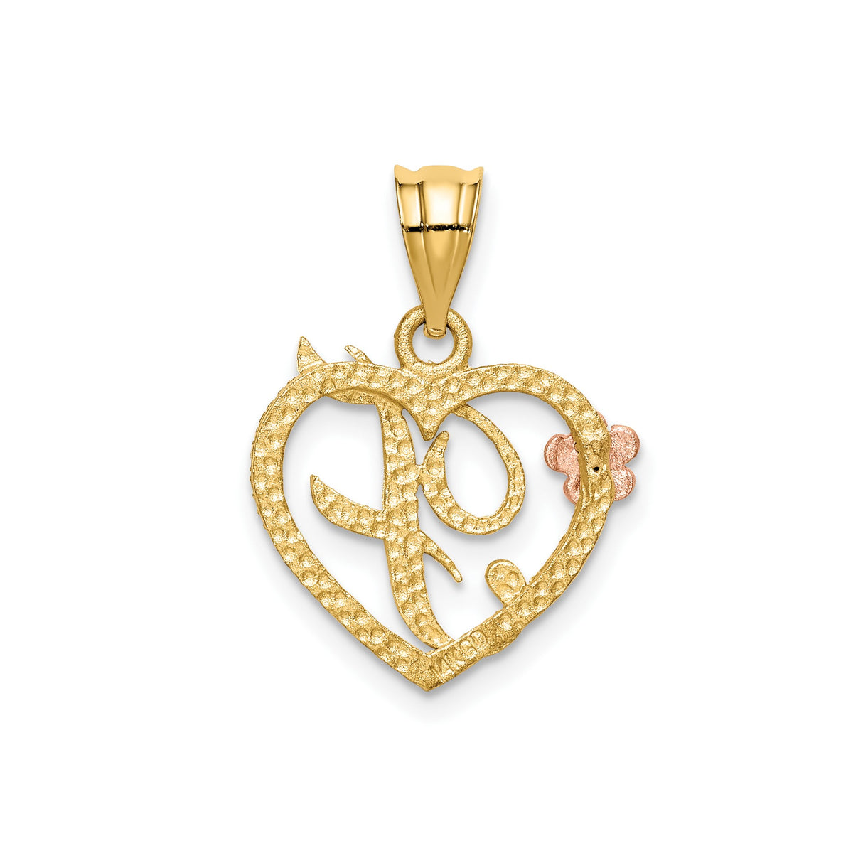14k Two-Tone Gold Heart Pendant with Script Letter F and Rose Gold Floral Accent