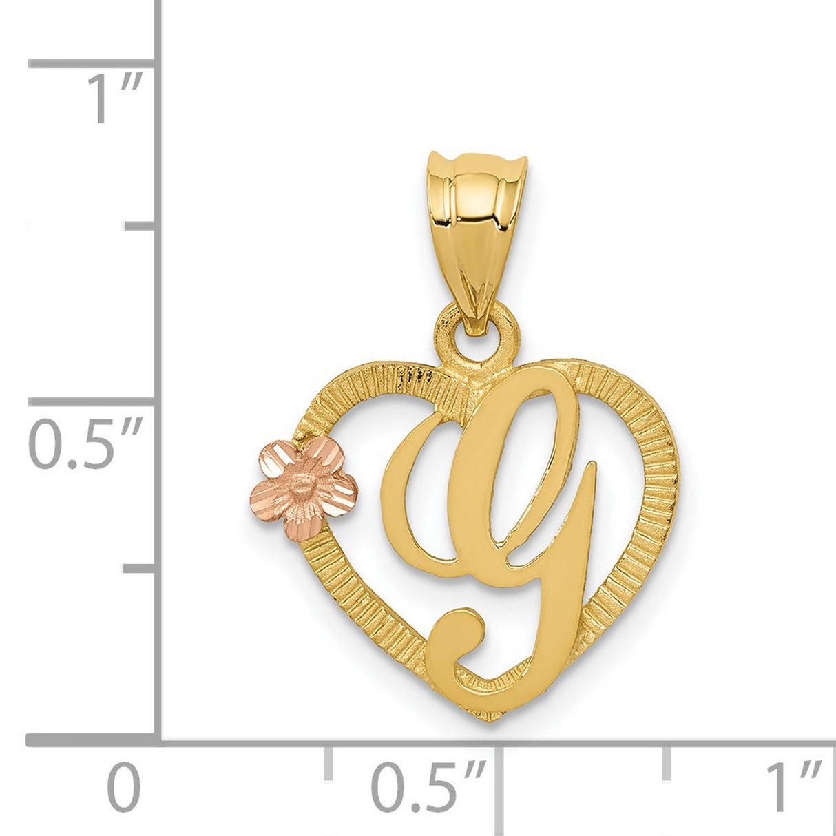 Letter G Initial With Rose Gold Flower Inside Open Heart Charm Pendant in Real 14k Multi-Tone Gold