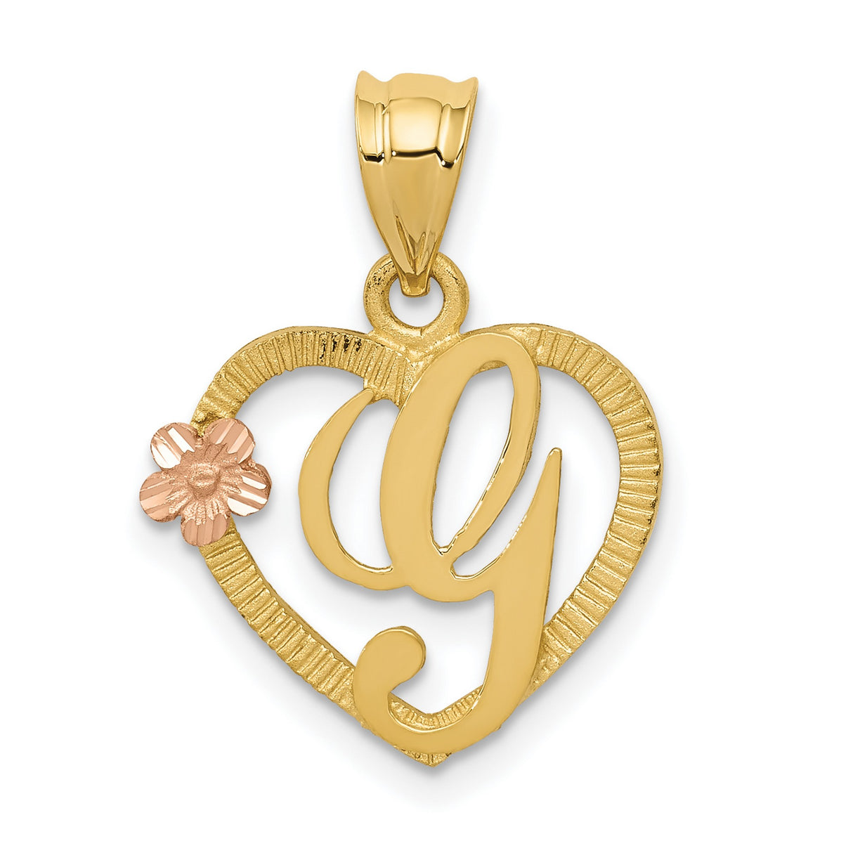 Letter G Initial With Rose Gold Flower Inside Open Heart Charm Pendant in Real 14k Multi-Tone Gold