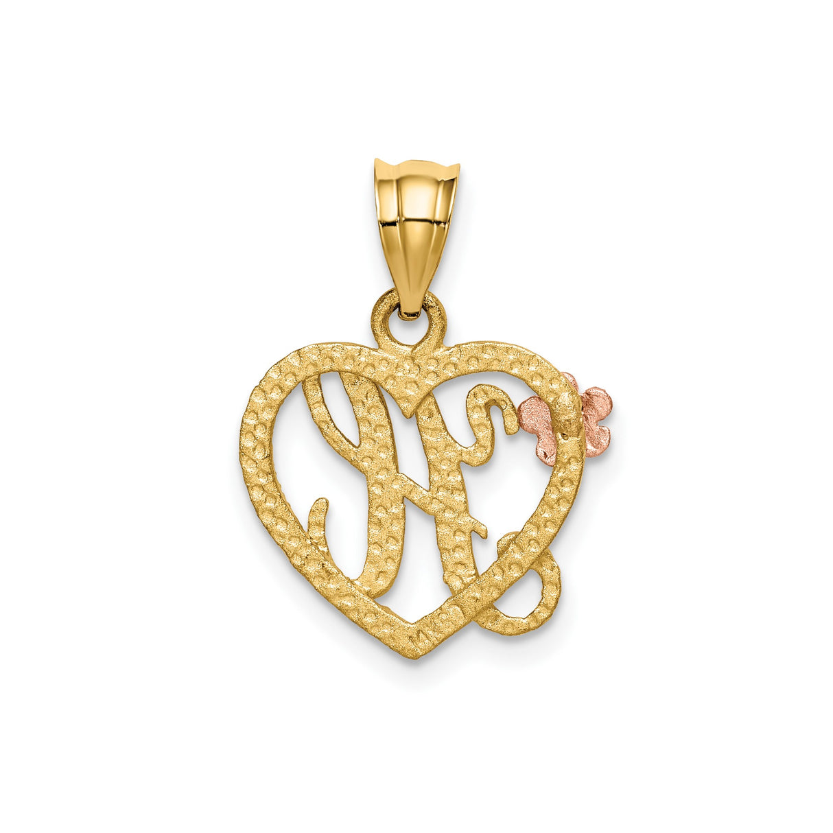 14k Two-Tone Gold Heart Pendant with Scripted Letter H and Rose Gold Flower Accent