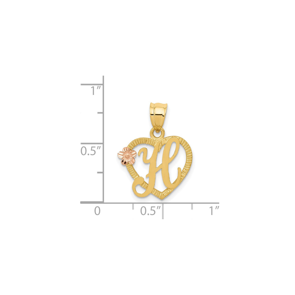 14k Two-Tone Gold Heart Pendant with Scripted Letter H and Rose Gold Flower Accent