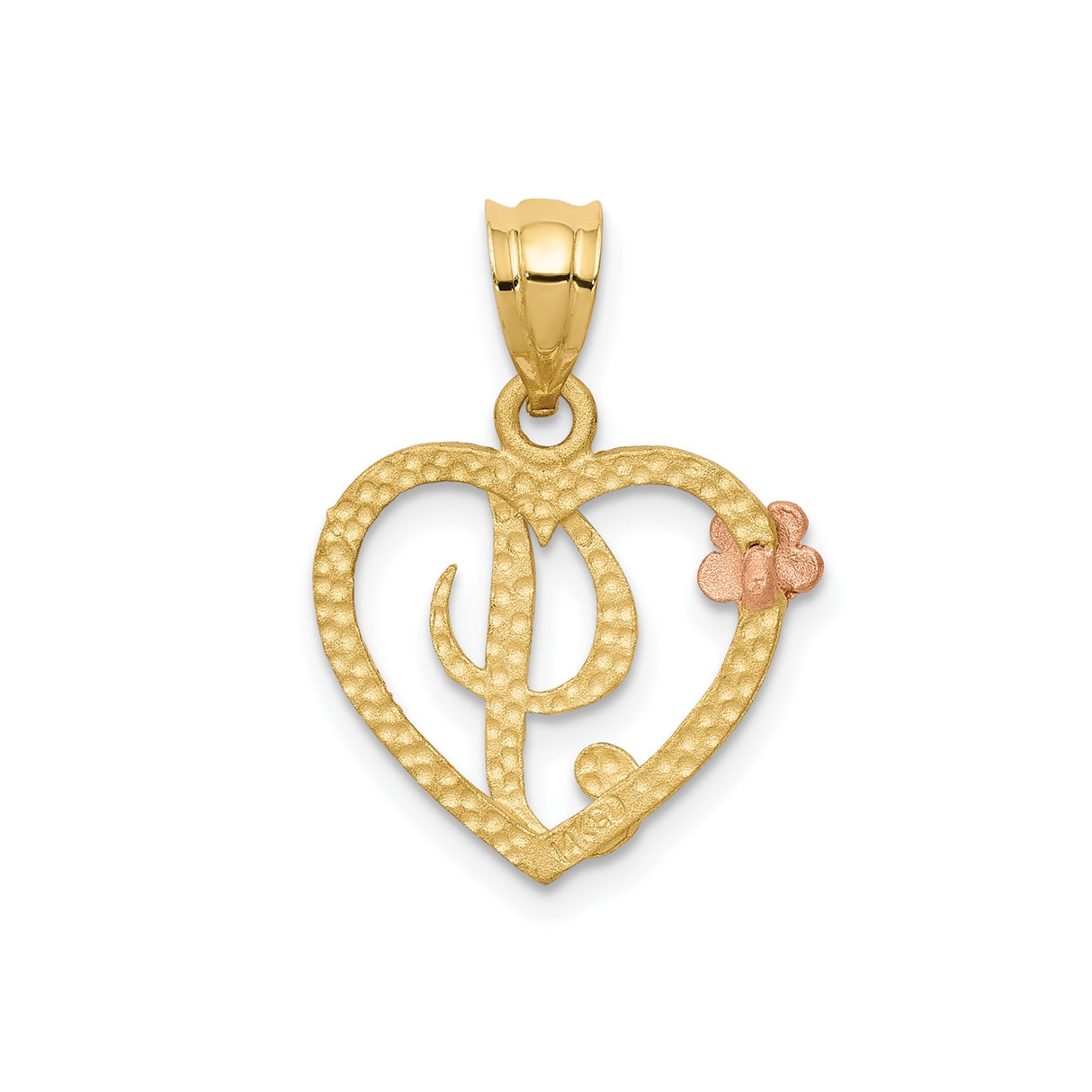 14k Two-Tone Gold Heart Pendant with Scripted Letter J and Rose Accent