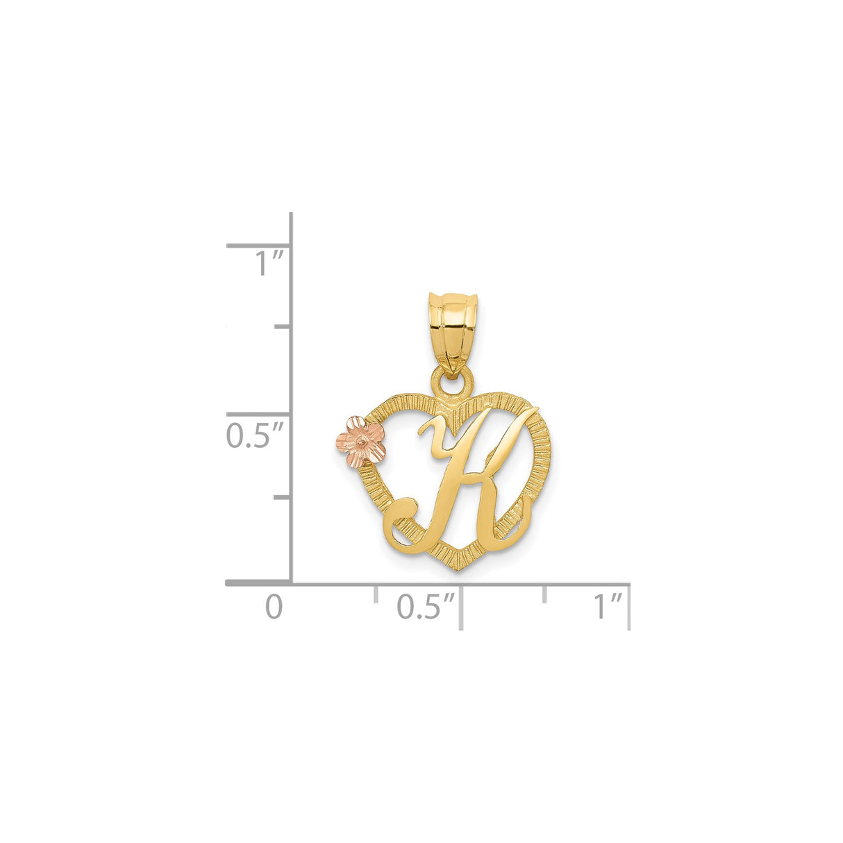 14k Yellow Gold Heart Pendant with Letter K and Rose Gold Flower Accent