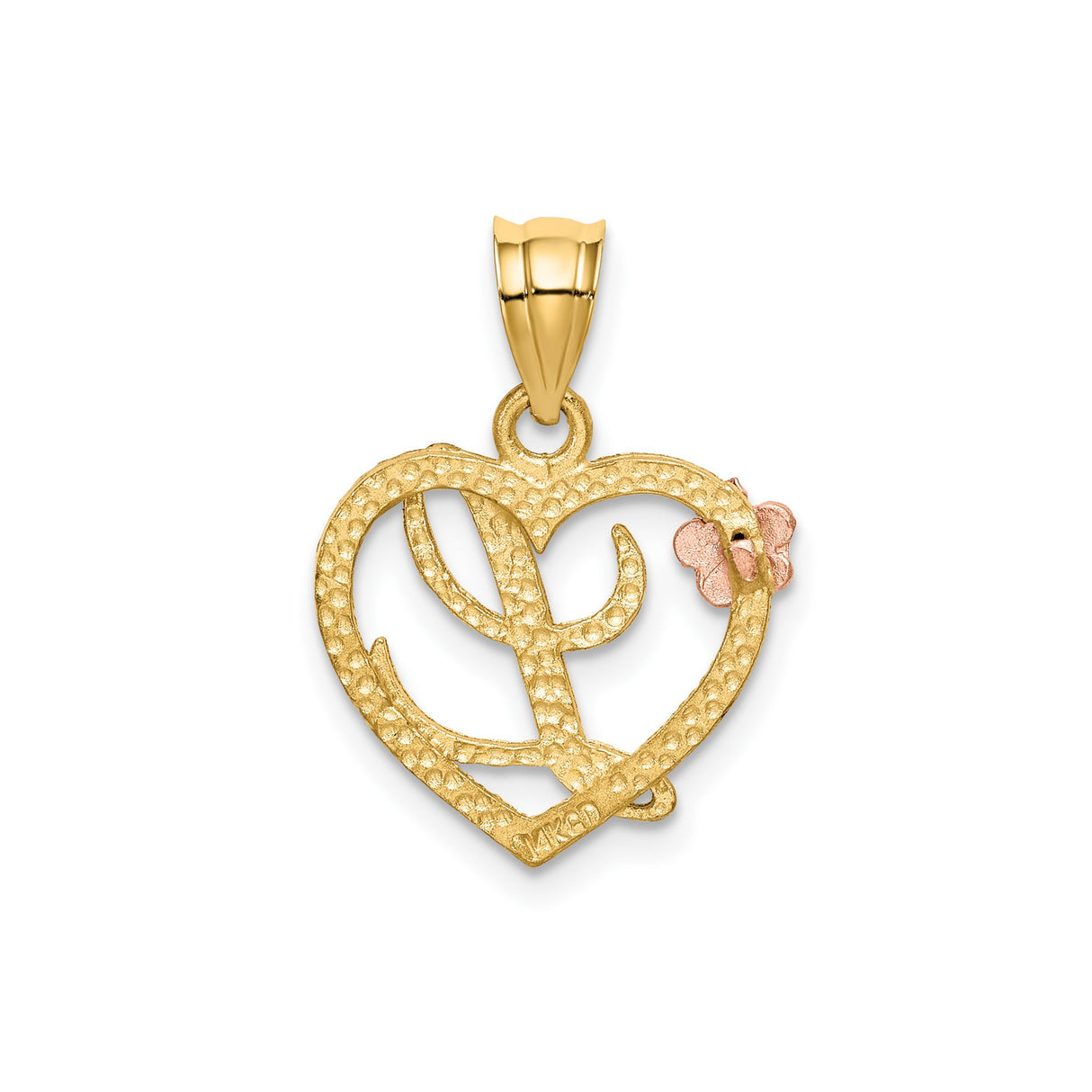 14k Yellow Gold Heart Pendant with Script Letter L and Rose Gold Flower Accent