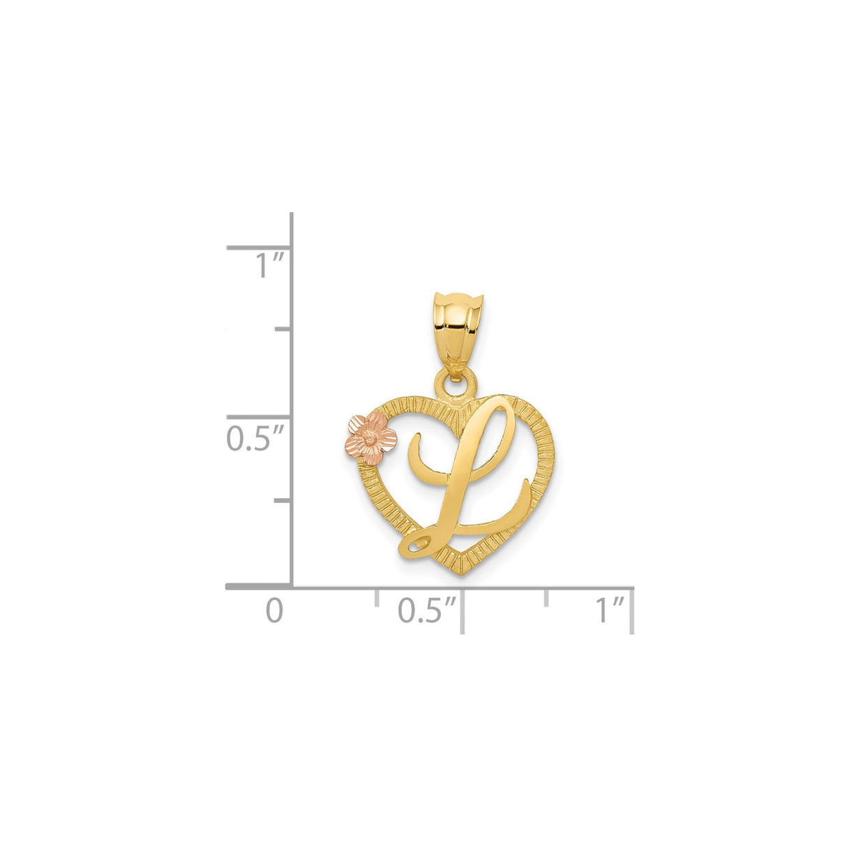 14k Yellow Gold Heart Pendant with Script Letter L and Rose Gold Flower Accent