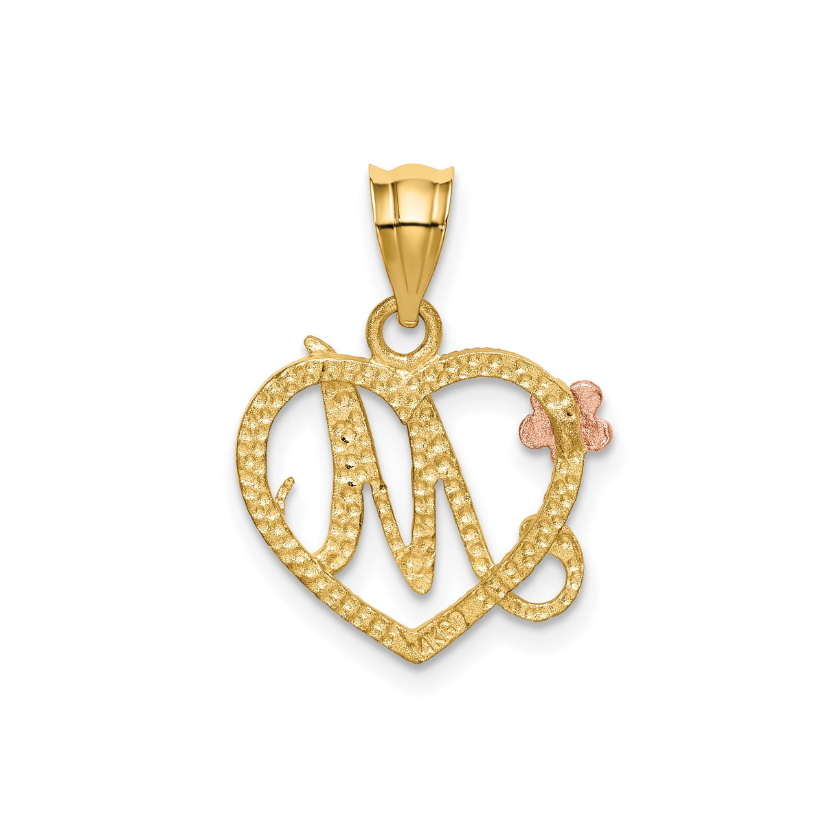 14k Two-Tone Gold Heart Pendant with Script Letter M and Rose Gold Floral Accent