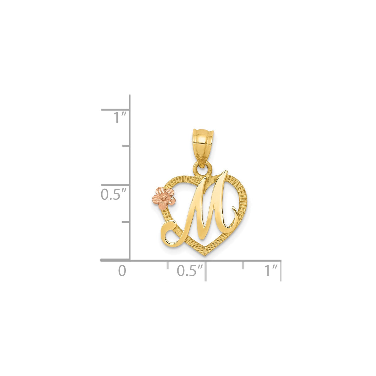 14k Two-Tone Gold Heart Pendant with Script Letter M and Rose Gold Floral Accent