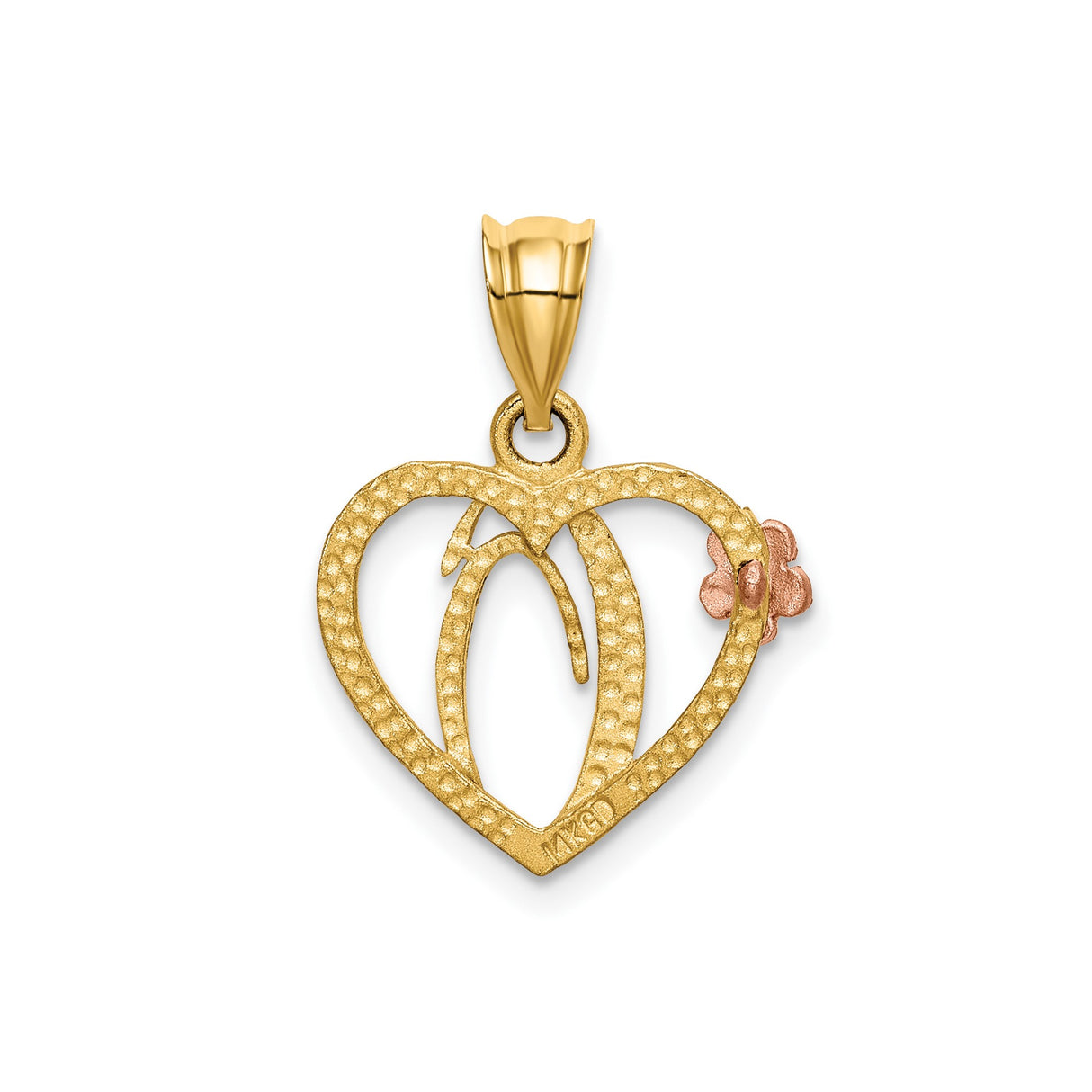 14k Two-Tone Gold Heart Pendant with Letter O and Pink Flower Accent for Women