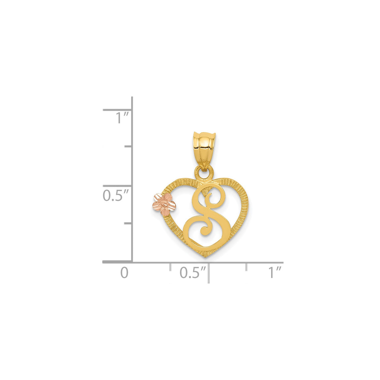 14k Two-Tone Gold Heart Pendant with Script Letter S and Rose Gold Flower Accent