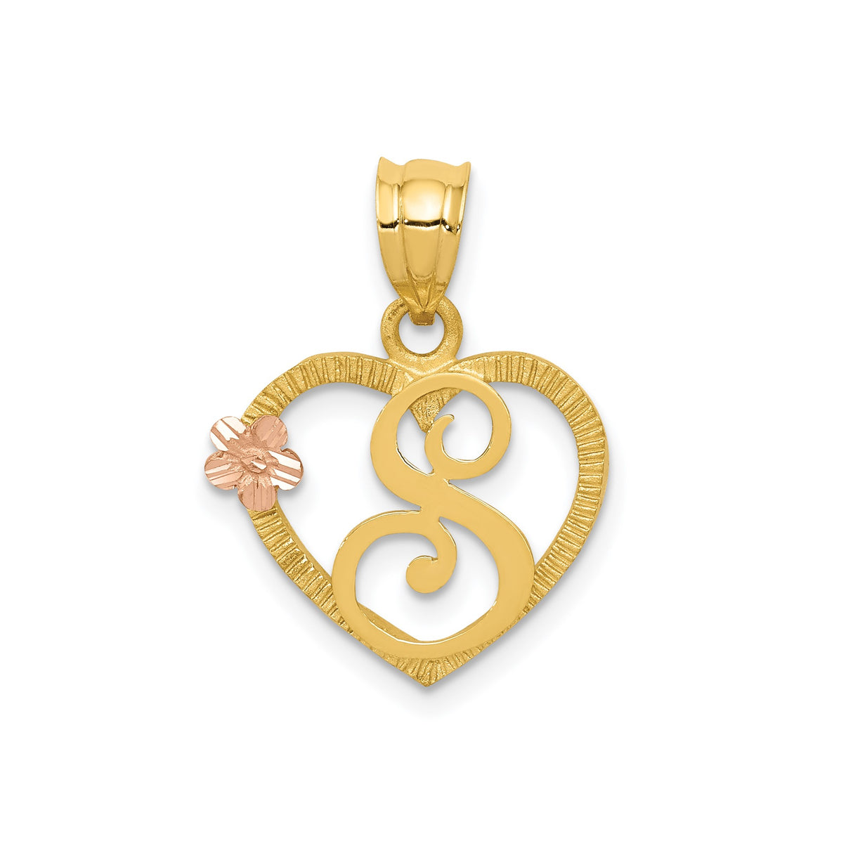 14k Two-Tone Gold Heart Pendant with Script Letter S and Rose Gold Flower Accent