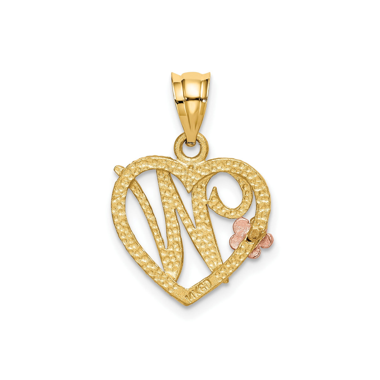 14k Two-Tone Gold Heart Pendant with Script Letter W and Rose Gold Flower Accent
