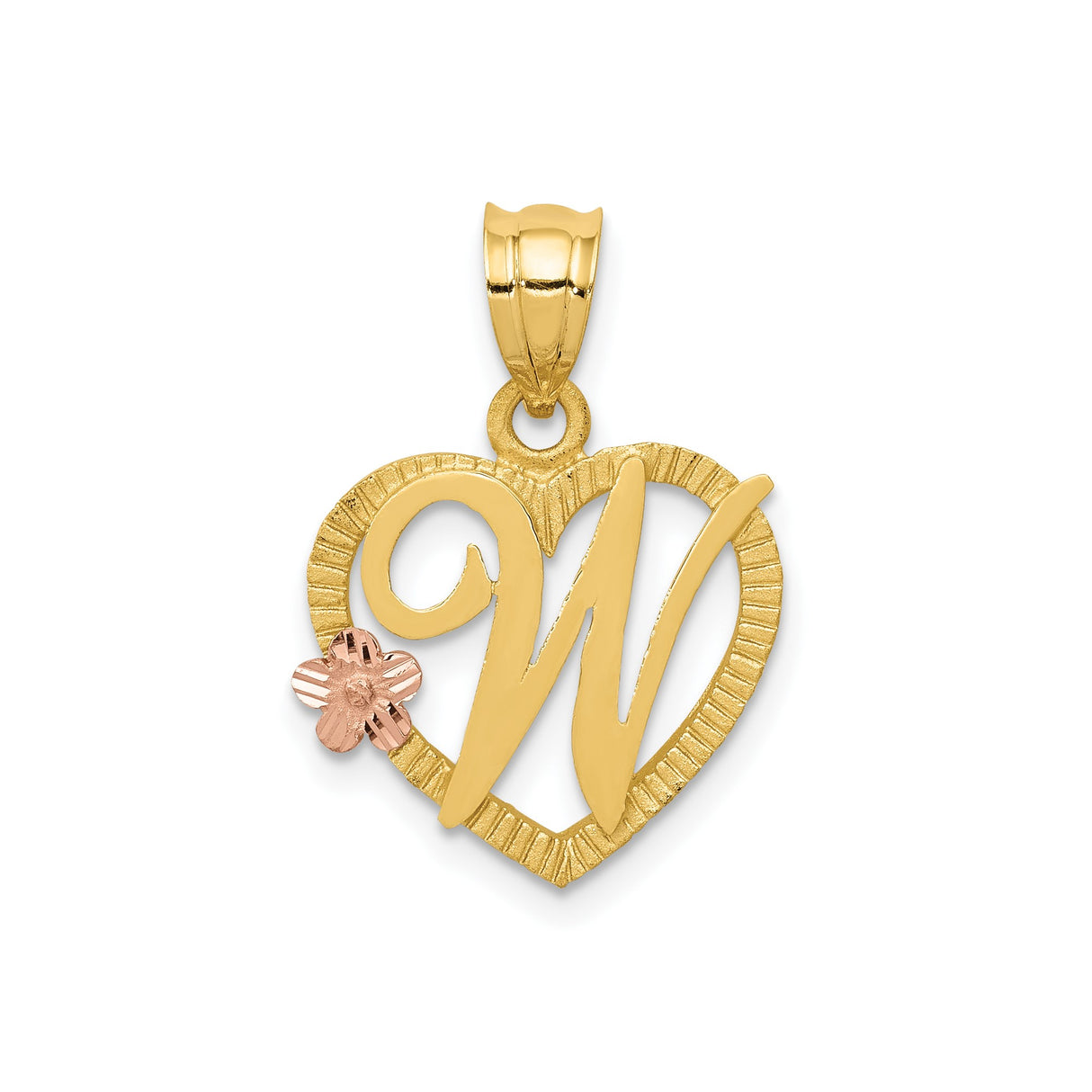 14k Two-Tone Gold Heart Pendant with Script Letter W and Rose Gold Flower Accent
