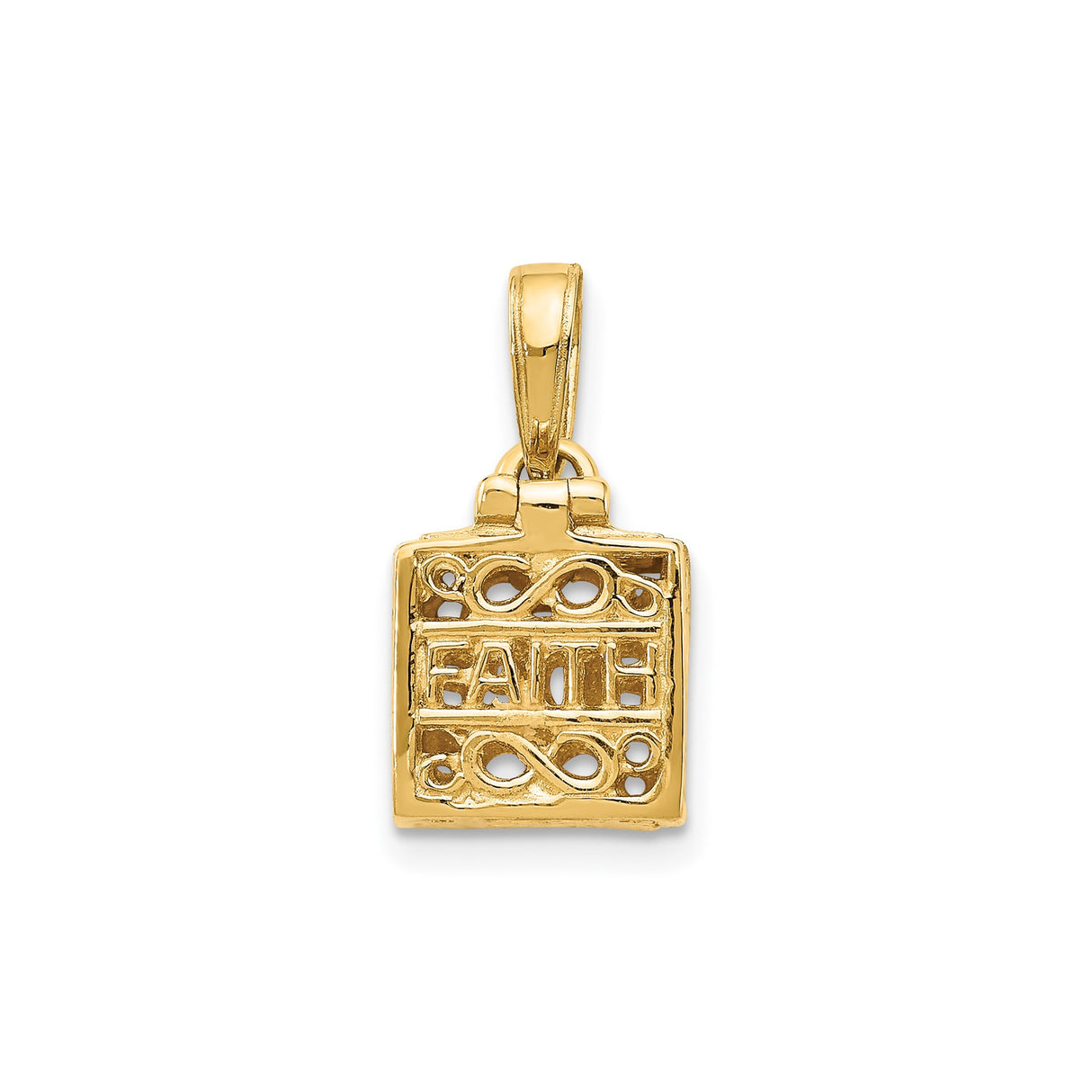 14k Yellow Gold Box Charm Pendant with Cross and Hope Engraving, Christian Faith Jewelry