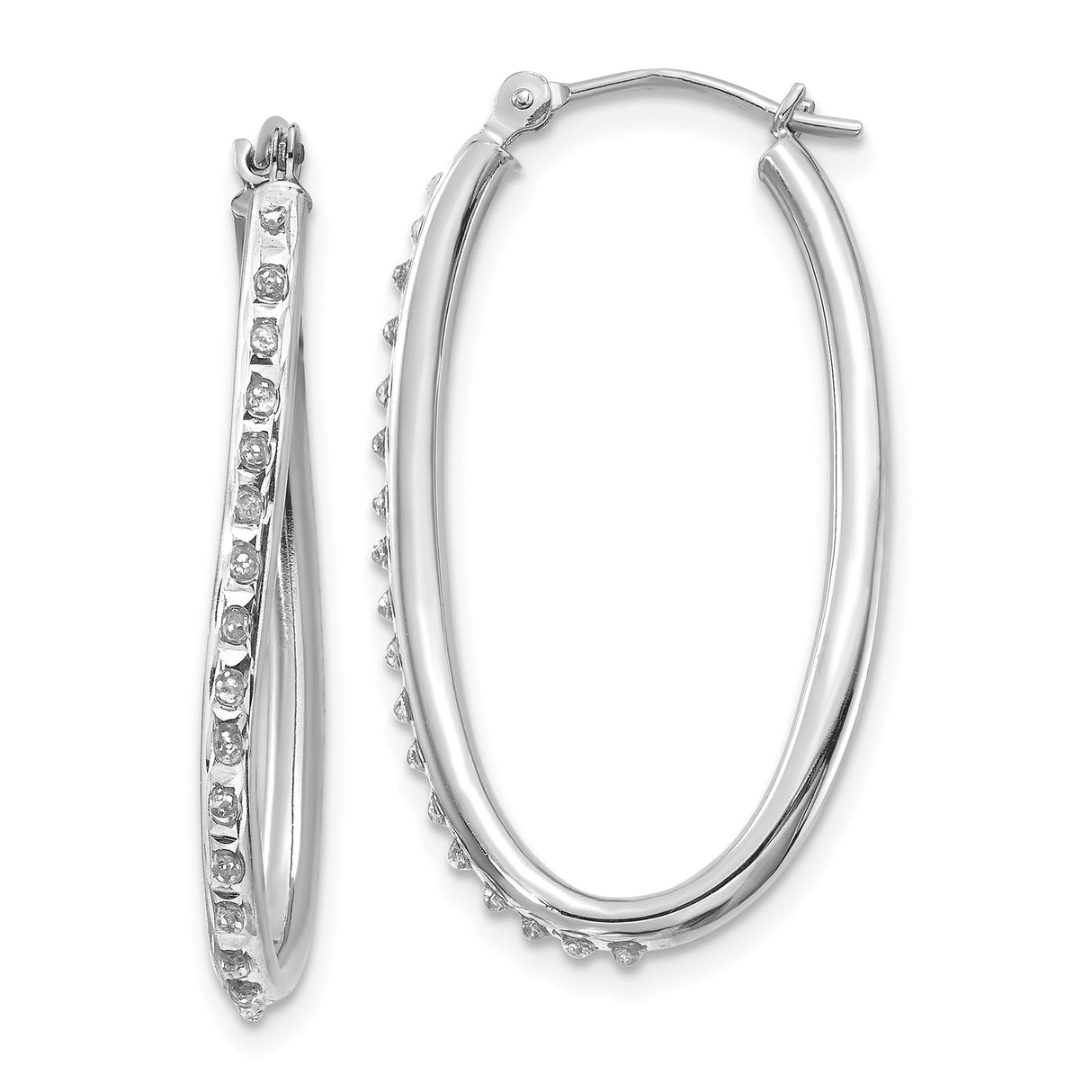 14k White Gold Oval Hoop Earrings with Twisted Design and Channel Set Cubic Zirconia