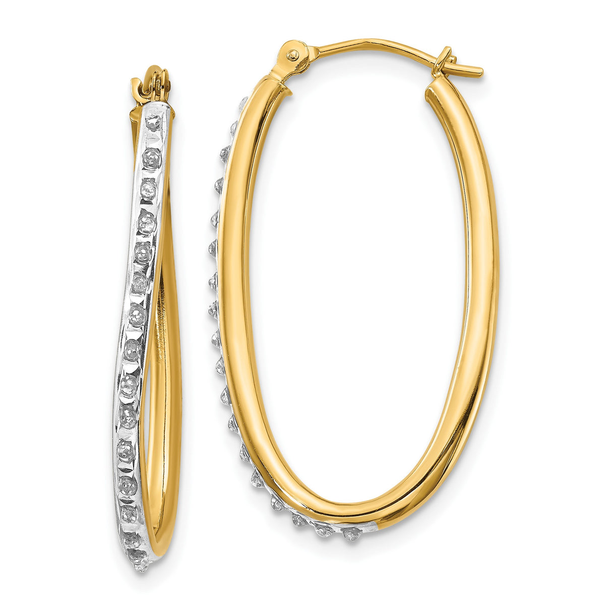 14k Yellow Gold Hoop Earrings with Diamond Accents, Twisted Two-Tone Oval Design for Women