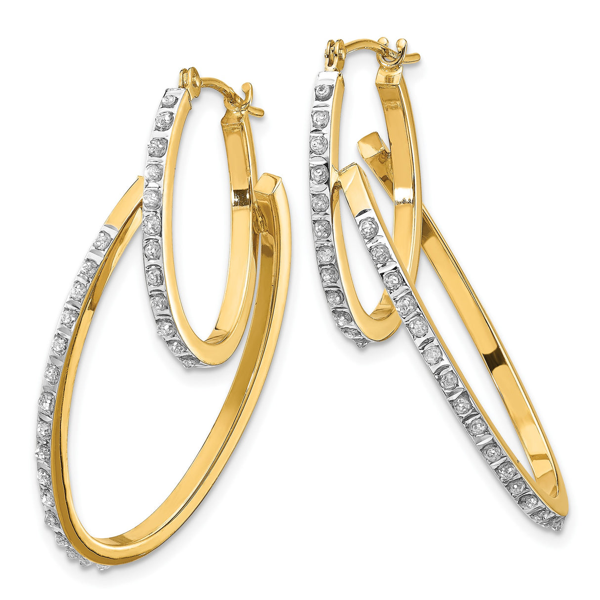 14k Yellow Gold Oval Hoop Earrings with Diamonds, Channel Set, Dual Layer Design, Polished Finish