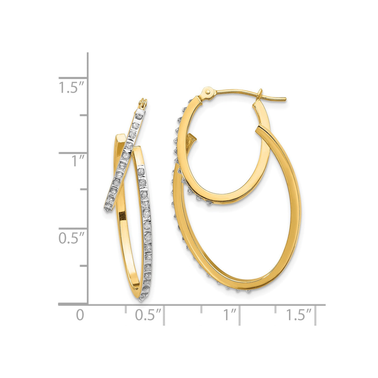 14k Yellow Gold Oval Hoop Earrings with Diamonds, Channel Set, Dual Layer Design, Polished Finish