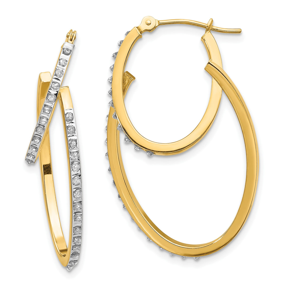 14k Yellow Gold Oval Hoop Earrings with Diamonds, Channel Set, Dual Layer Design, Polished Finish