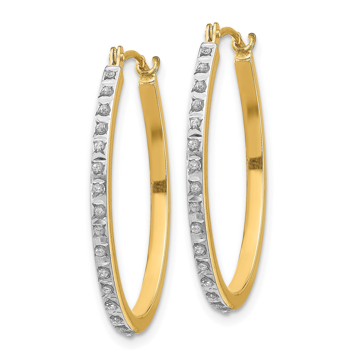 14k Yellow Gold Hoop Earrings with Diamond Accents, Lightweight Oval Hinged Hoops