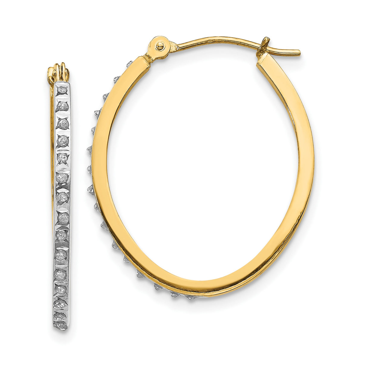 14k Yellow Gold Hoop Earrings with Diamond Accents, Lightweight Oval Hinged Hoops