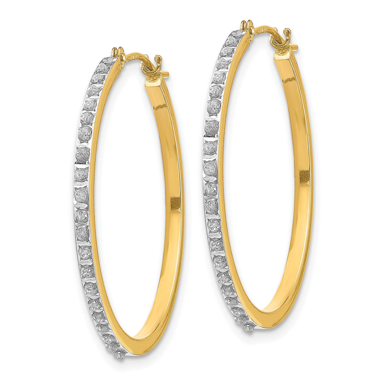 14k Yellow Gold Hoop Earrings with Channel Set Diamonds and Diamond Cut Accents