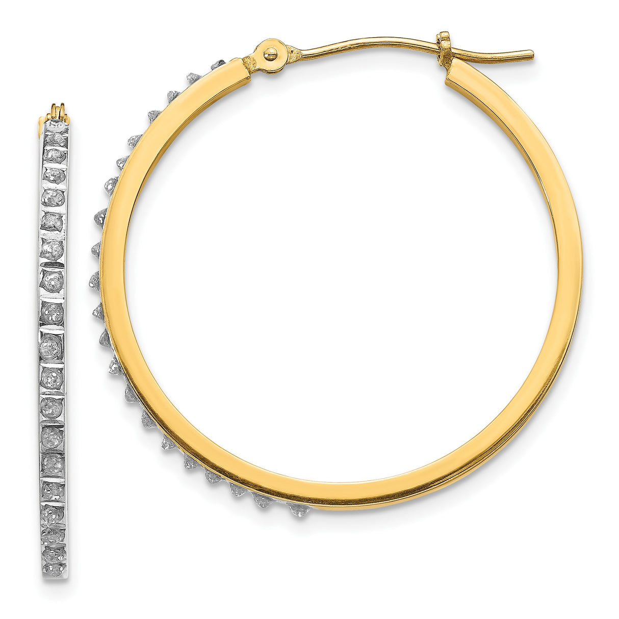 14k Yellow Gold Hoop Earrings with Channel Set Diamonds and Diamond Cut Accents