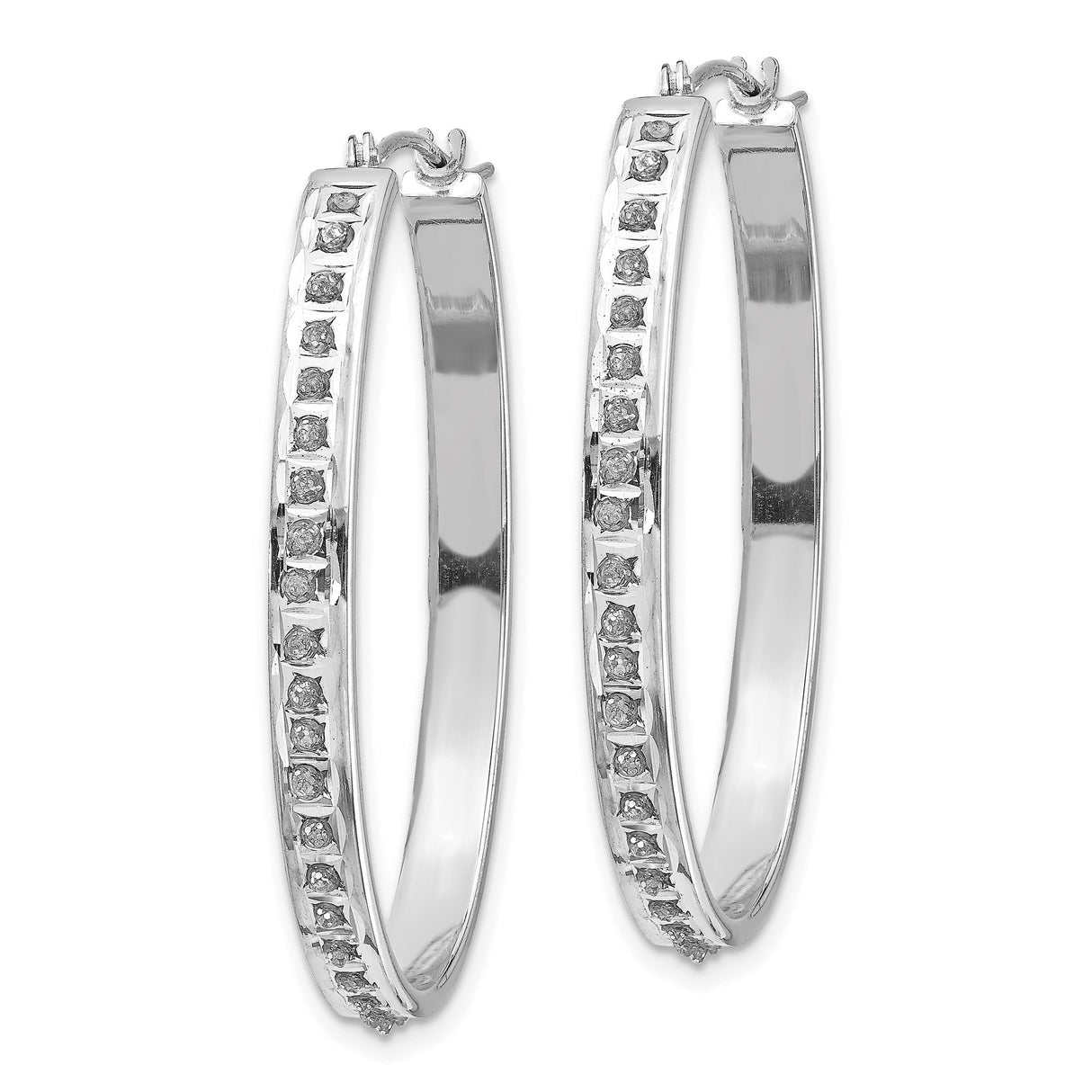 14k White Gold Oval Hoop Earrings with Diamond Cut Finish and Round Cut Stones