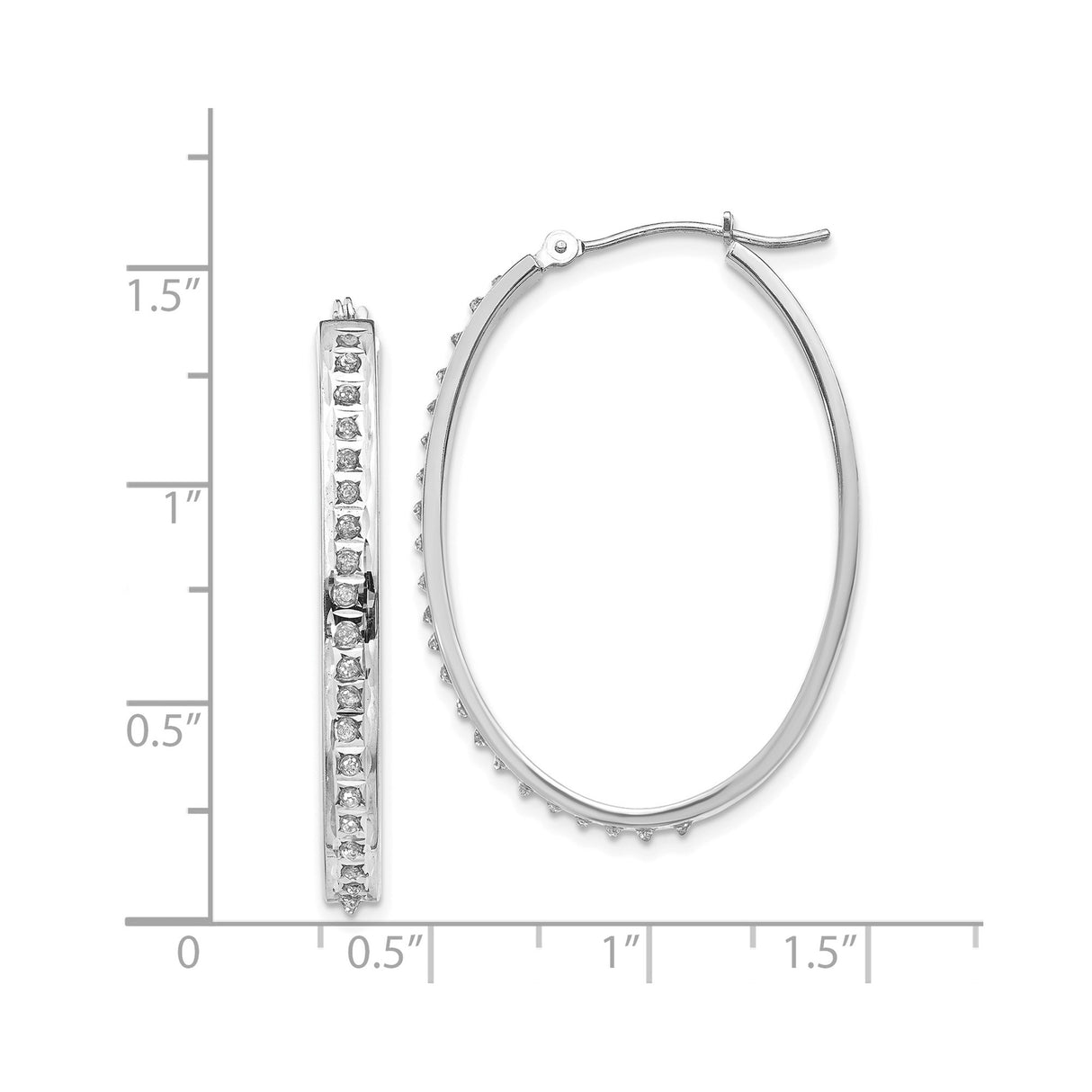 14k White Gold Oval Hoop Earrings with Diamond Cut Finish and Round Cut Stones