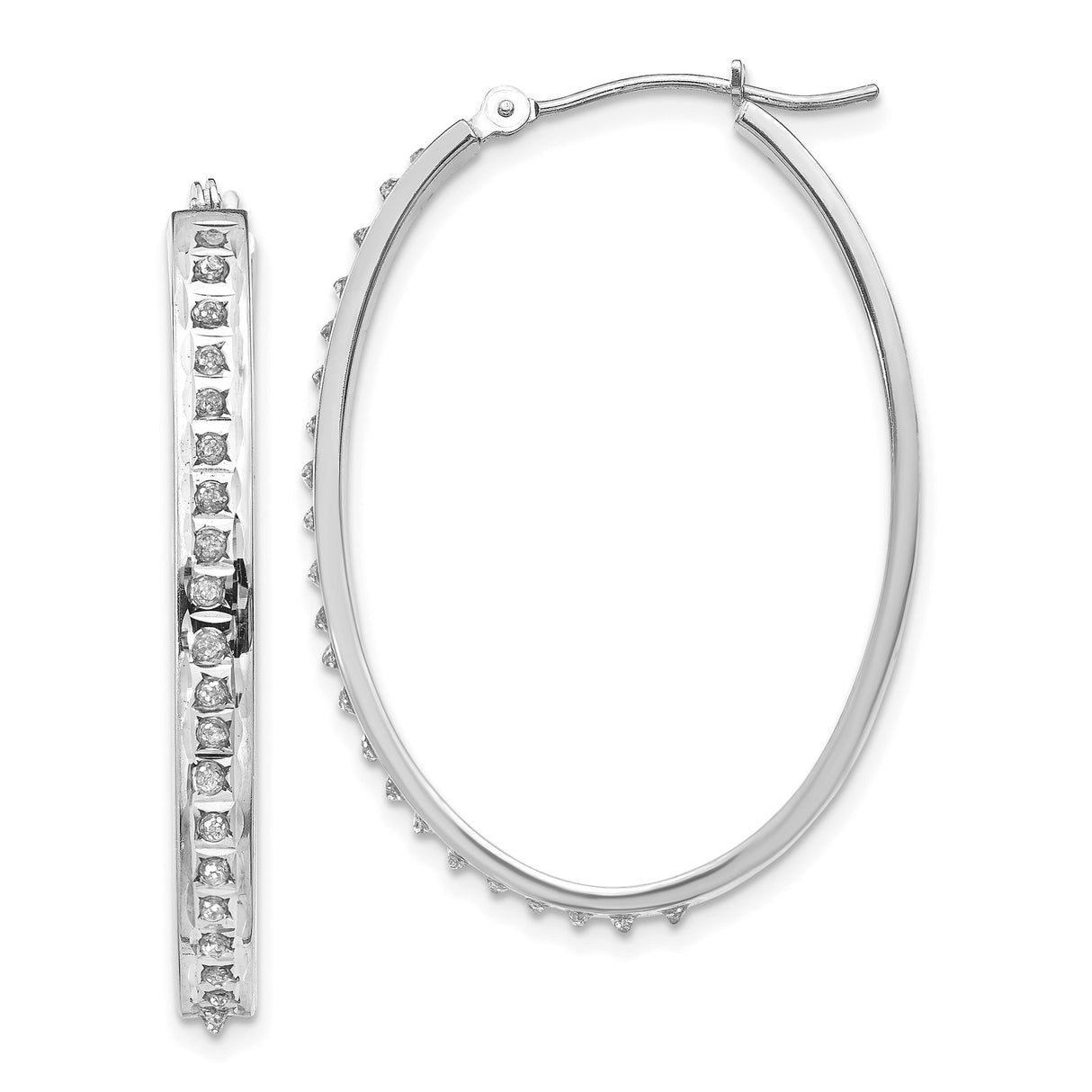 14k White Gold Oval Hoop Earrings with Diamond Cut Finish and Round Cut Stones